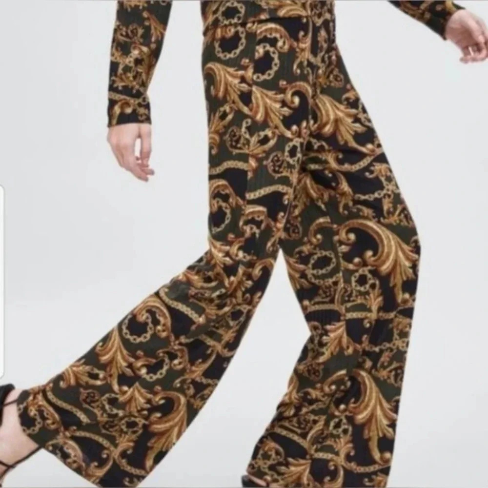 ZARA Wide-Leg Gold Chain Mob Wife Pull On Pants - Size Small - Picture 3 of 8